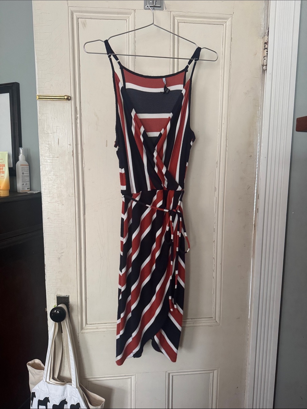 41 Hawthorn Navy and Rust Striped Midi Wrap Dress